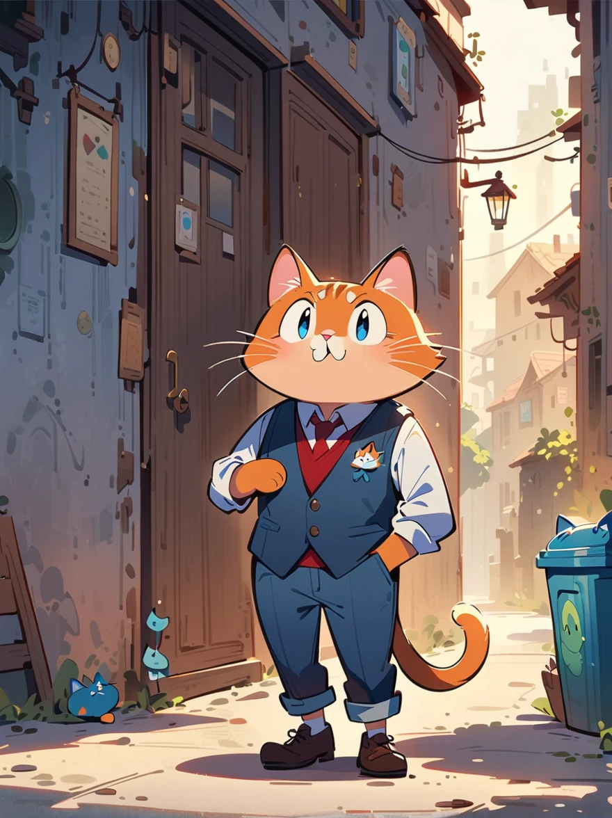 2d a tall adult male cat teacher, middle aged, 50 years old, dressed as a teacher in a vest, 2d cartoon style, full body, solo, whimsical, masterpiece, 8k, cinematic lighting, award winning digital art