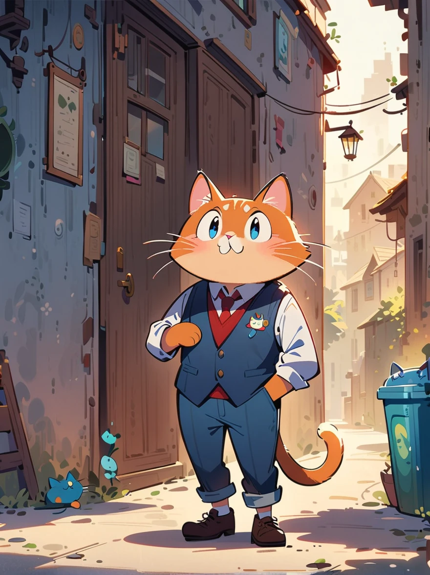2d a tall adult male cat teacher, middle aged, 50 years old, dressed as a teacher in a vest, 2d cartoon style, full body, solo, whimsical, masterpiece, 8k, cinematic lighting, award winning digital art