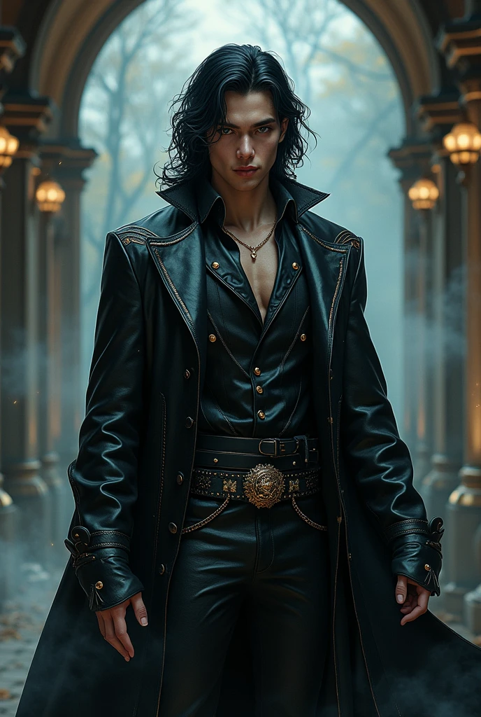That certainly helps! So your character is a Sorcerer of dark Magic, who lives in a Victorian style world and is 20 years of age. He's a tall, athletic person and has pale grey eyes and long black wavy hair. He also wears a leather suit of some kind. He's extremely hot and eye-catching.