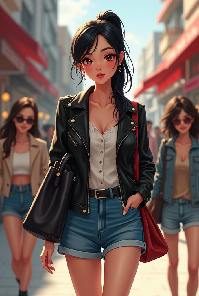 Jeune femme asiatique cheveux attaché veste cuir mini short jean grand sac a main, elle est grosse, elle se maquille avec ses filles