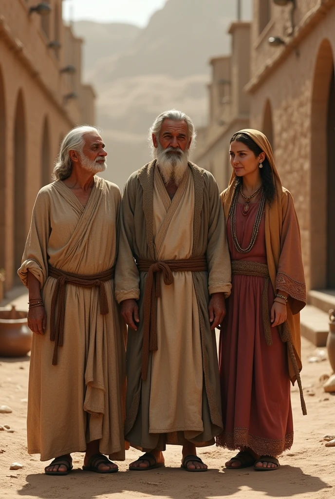 Generate realistic images of elderly couples and their two adult children, with coarse tunics in the city of Moab that are based on the story of Ruth all the characters must be good looking. All in one image