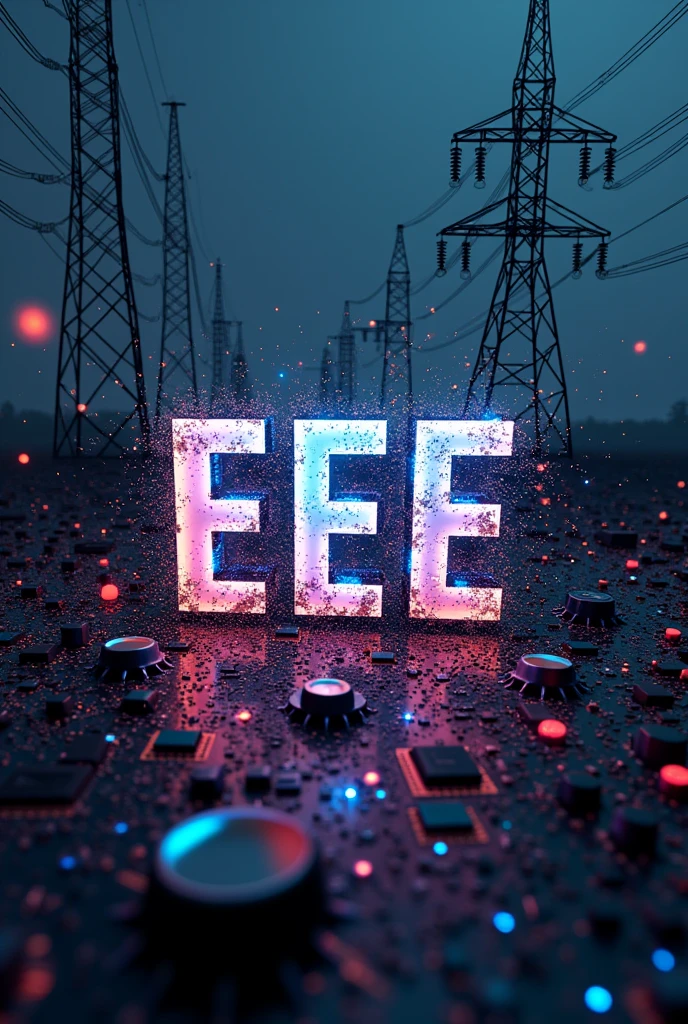 'EEE' word written by electronic circuit, transistors and wirings. And in the background there will be electric poles. And the word EEE will be in capital letters. 'Zunair, Saikat, Saifullah, Fayek, Tasnim, Rudro ' these names will be written on the word EEE