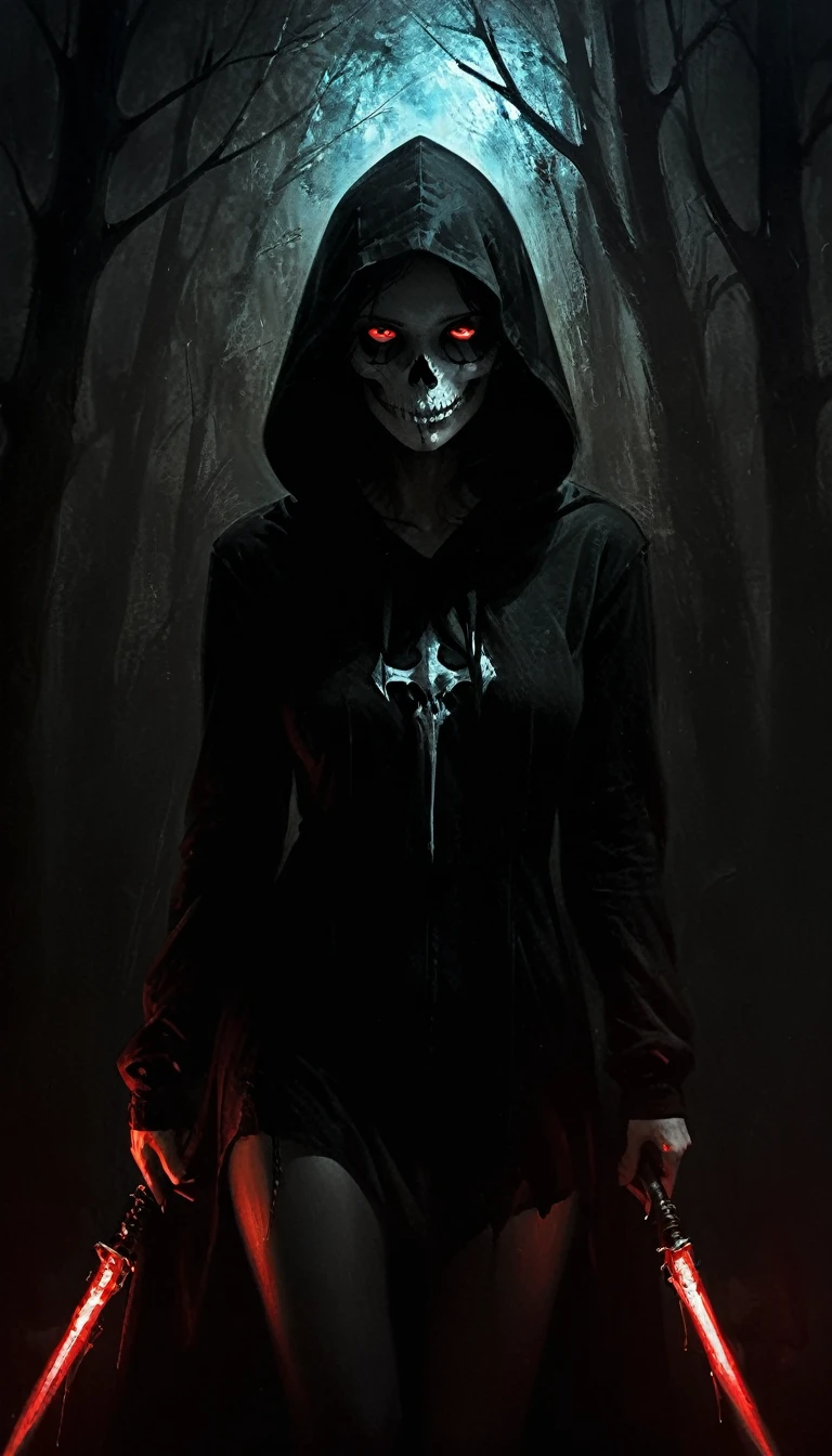 Full body shot, fantasy, Dark, horror, female verion of death, moody, Dark, muted colors, Red lights of hell, Simple brush line, oil painting, sexy and scarry, visible deep Red glowing eyes of hooded skull, Expressiveh