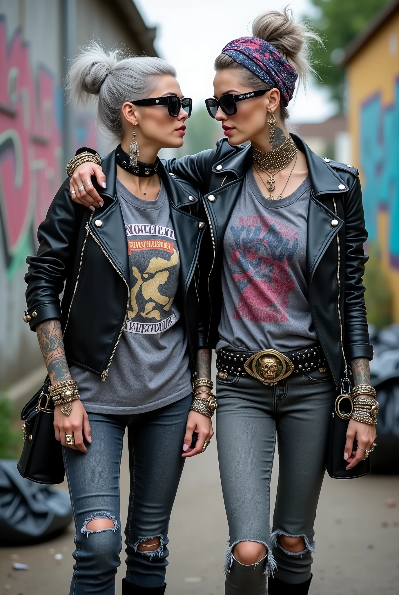 Two russian milf women,  one with the arm over the shoulder of the other (who feels a bit dizzy). grey hair (one: bouffant, top bun. The other, straight and middle part}and one wearing oversized square sunglasses and wide  colourful bandana as headband), with very light green eyes, extremely pale. Big lips. No tan. Wearing aged black moto jacket (zippers on the side, skull and bones pins).  Both: different old worn grey t-shirt with rock band logo. Both:,  dark grey worn jeans {with holes on knees). White tennis sneakers. . Lots of thick wide studded bracelets, chain collars and big rings. Both, high boots. Tacky wide studded leather belt with big skull and bones oval buckle. Long earrings with chains and feathers. Squatting with hands on knees or lap, stretching her neck, craving., Neck, chest, stomach and wrists heavily tattoed. Toned abdominals, thin neck, slim legs and thin arms. Narrow hips and slim legs.  Black leather studded tote bags. Graffitied wall behind, waste on the groun and piled garbage bags around.