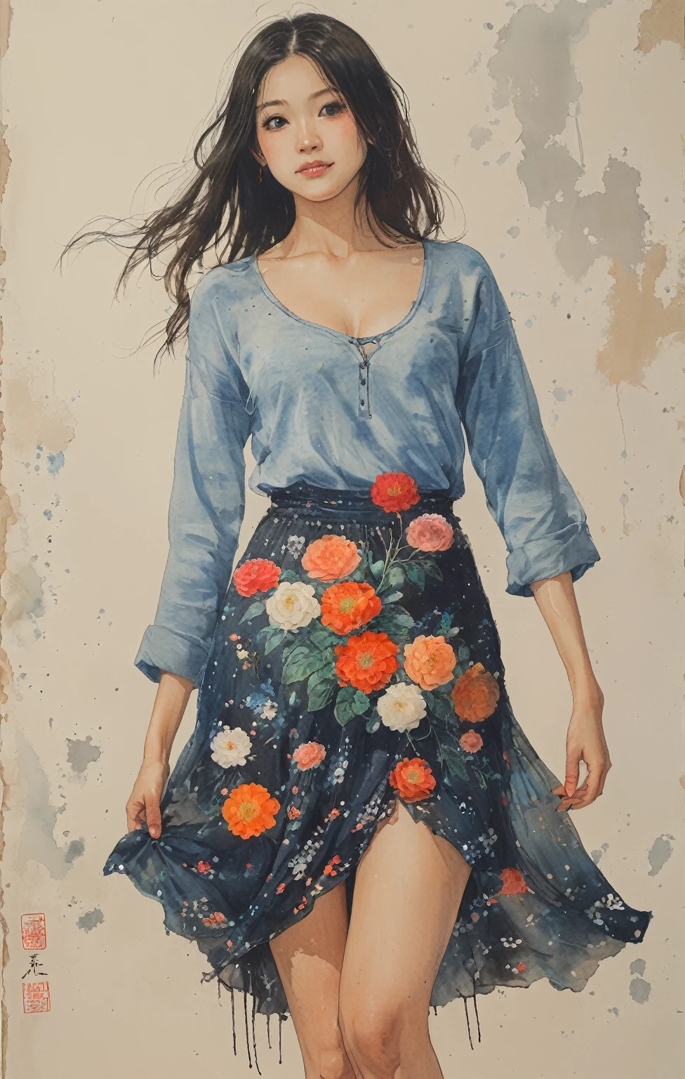 8K,​masterpiece,top-quality, (From below:1.6) ,Dynamic Pose,30 years old 1 girl, Holding a large bouquet,Portrait, Floral, watercolor sketch, light, Long hair, ssmile, watercolor paiting \(Medium\),watercolor paiting,Plain tank top,Plain light blue sweater,long  skirt, ((masterpiece)),(((Highest quality))),((Character design sheet)), sexy tits, beaytiful legs, whole body:1.5，(One Girl:1.3), (black thick pointy heels:1.3),(Wearing a mini skirt dress:1.2), Model pose, flat background, white background, clear background, (((NSFW:1.0))), flirty, flirting, sexy girl, up skirt, standing up, full view, proportional body, show labia, show nipples, show pussy, show vagina,