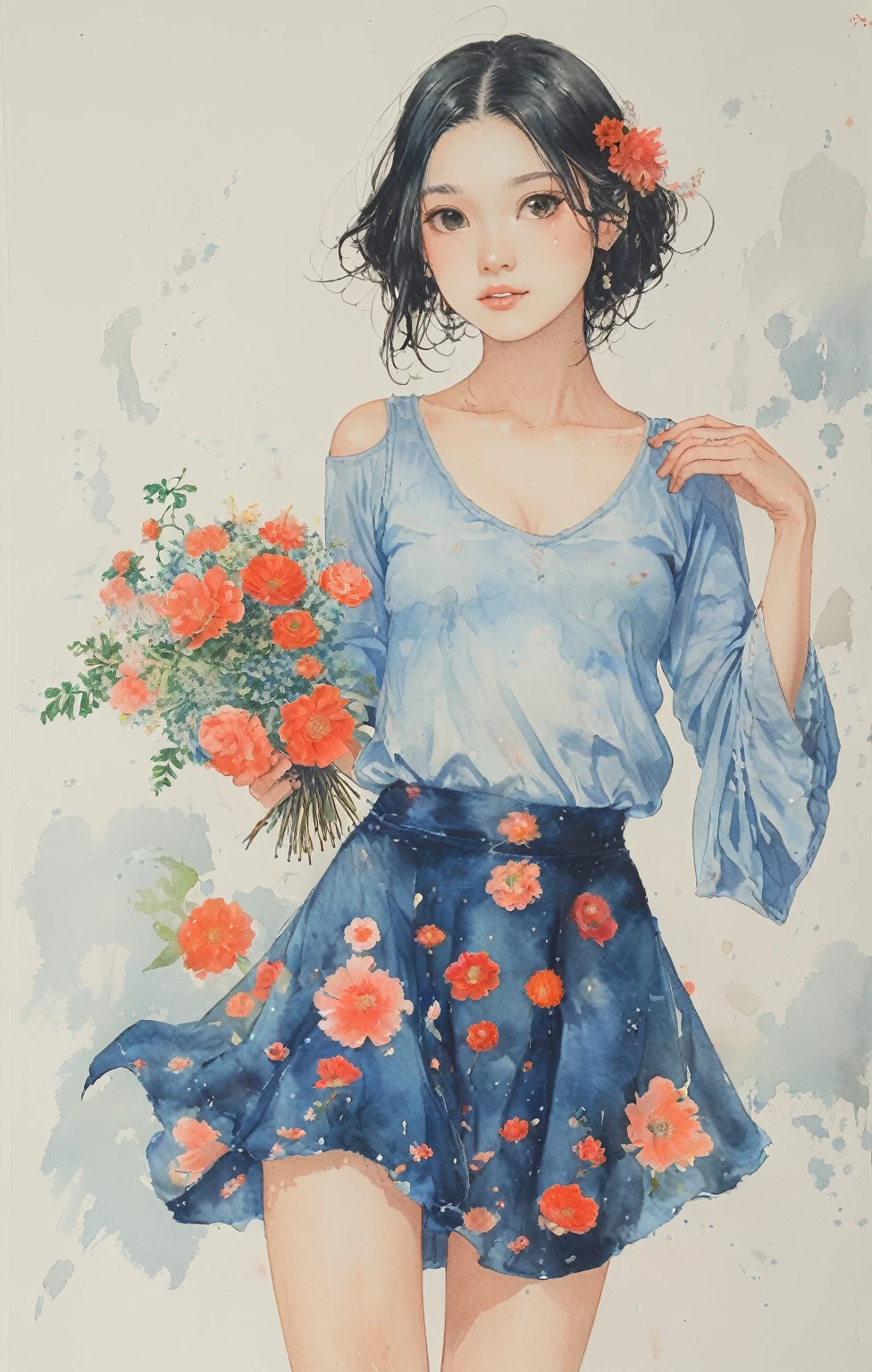 8K,​masterpiece,top-quality, (From below:1.6) ,Dynamic Pose,30 years old 1 girl, Holding a large bouquet,Portrait, Floral, watercolor sketch, light, Long hair, ssmile, watercolor paiting \(Medium\),watercolor paiting,Plain tank top,Plain light blue sweater,long  skirt, ((masterpiece)),(((Highest quality))),((Character design sheet)), sexy tits, beaytiful legs, whole body:1.5，(One Girl:1.3), (black thick pointy heels:1.3),(Wearing a mini skirt dress:1.2), Model pose, flat background, white background, clear background, (((NSFW:1.0))), flirty, flirting, sexy girl, up skirt, standing up, full view, proportional body, show labia, show nipples, show pussy, show vagina,