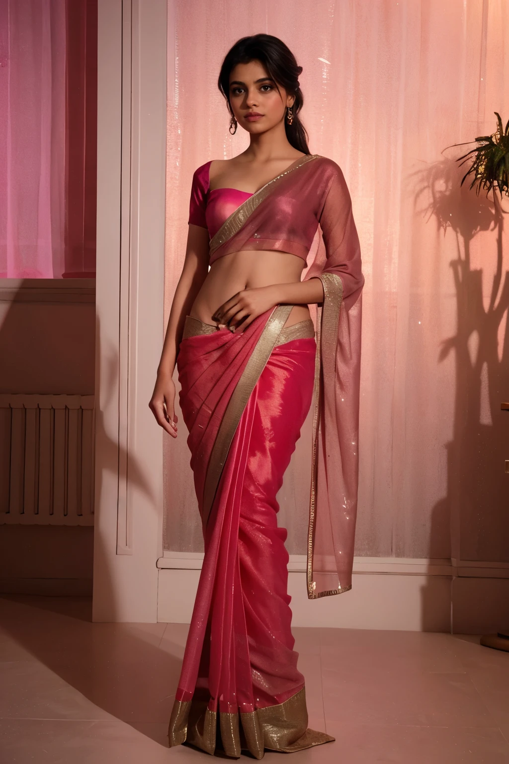 An indian Instagram model, wearing a orange violet velvet saree in a elegant looks, d size, elegant pose, in a pink background, rim light, warm lights, smoke, long glazing hair, spotlight illumination, rich shadows, sparkling bokeh, exquisite details, high-resolution, 35mm film, timeless elegance