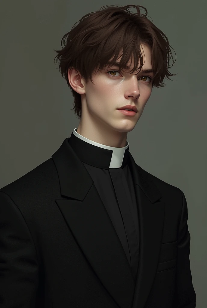 a young man with brown hair, Brown eyes and white, hairless skin in a black suit but with his priest&#39;s collar