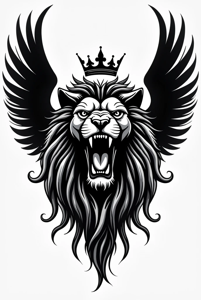 Create a tattoo of a lion head with two black wings roaring with a crown in its mane that does not go below the pectorals