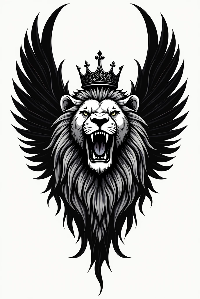 Create a tattoo of a lion head with two black wings roaring with a crown in its mane that does not go below the pectorals