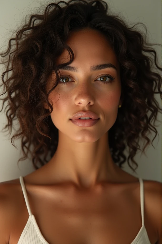 Mariana was a woman, and her body was like a model's. Her hair was quite curly, with a 3B curvature, her skin had a warm, tan tone, besides freckles. His eyes were an olive green color., her mouth was a perfectly harmonious size on her face and her nose was delicate, to make you envious. She was the prettiest in school