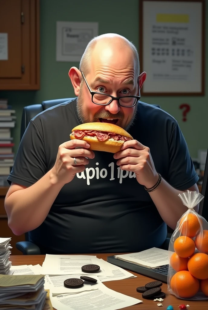 white male, 40 year old, baldie, completely smooth face, no fur, cheeky, Scrawny, but very pot-bellied, wearing glasses and eating baguette with lots of ham. Sitting behind a rather messy desk with a computer, stacks of papers, Oreo crumbs and cookies. Wearing a black shirt with the following phrase: APO1O MPU. a bag with tangerines on the table.
