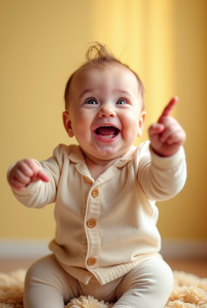 an 8 month old baby with light eyes and two teeth smiling, standing pointing to the sky