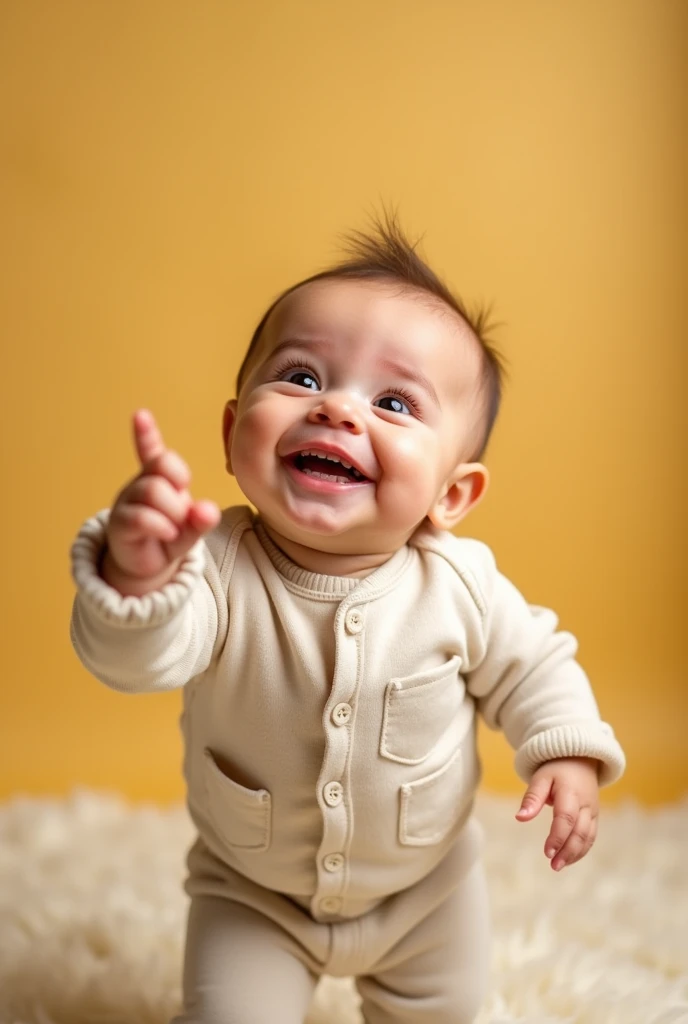 an 8 month old baby with light eyes and two teeth smiling, standing pointing to the sky