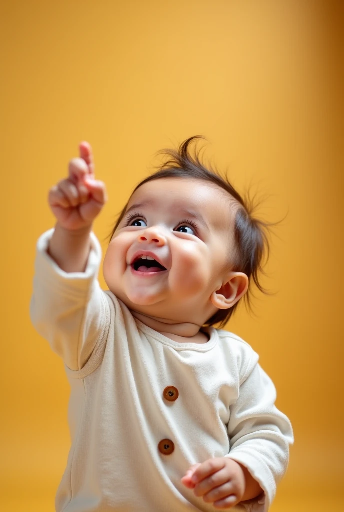 an 8 month old baby with light eyes and two teeth smiling, standing pointing to the sky
