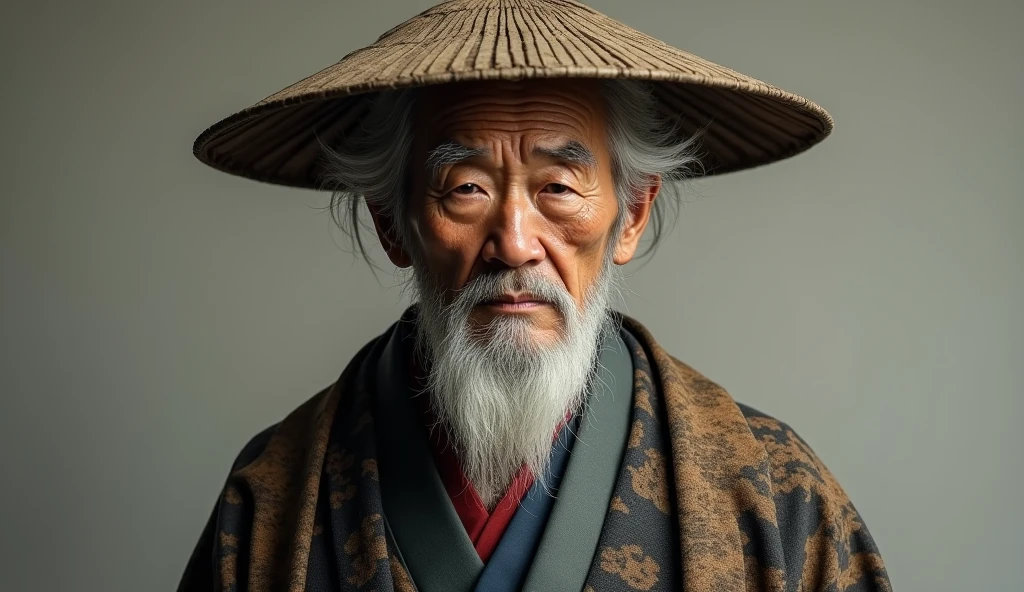 Photorealistic、Ultra HD、Male Japanese man wearing kimono、Wearing an old hat、elder