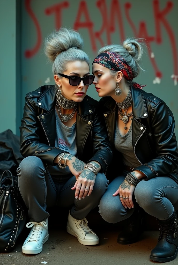 Two russian milf women,  one with the arm over the shoulder of the other (who feels a bit dizzy). grey hair (one: bouffant, top bun. The other, straight and middle part}and one wearing oversized square sunglasses and wide  colourful bandana as headband), with very light green eyes, extremely pale. Big lips. No tan. Wearing aged black moto jacket (zippers on the side, skull and bones pins).  Both: different old worn grey t-shirt with rock band logo. Both:,  dark grey worn jeans {with holes on knees). White tennis sneakers. . Lots of thick wide studded bracelets, chain collars and big rings. Both, high boots. Tacky wide studded leather belt with big skull and bones oval buckle. Long earrings with chains and feathers. Squatting with hands on knees or lap, stretching her neck, craving., Neck, chest, stomach and wrists heavily tattoed. Toned abdominals, thin neck, slim legs and thin arms. Narrow hips and slim legs.  Black leather studded tote bags. Graffitied wall behind, waste on the groun and piled garbage bags around. At night