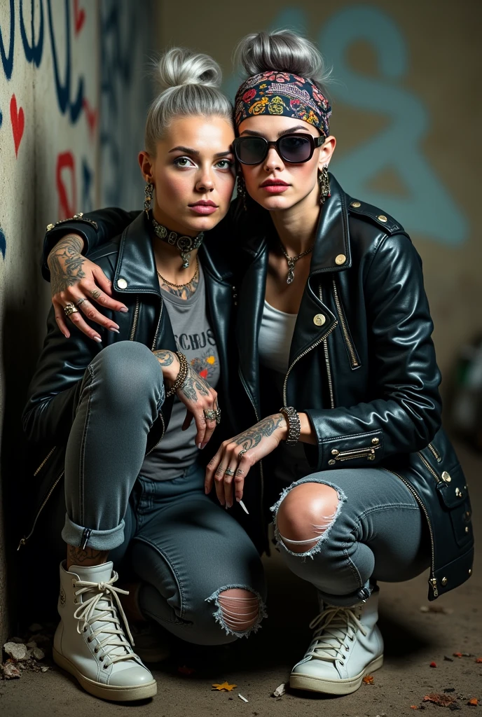 Two russian milf women,  one with the arm over the shoulder of the other (who feels a bit dizzy). grey hair (one: bouffant, top bun. The other, straight and middle part}and one wearing oversized square sunglasses and wide  colourful bandana as headband), with very light green eyes, extremely pale. Big lips. No tan. Wearing aged black moto jacket (zippers on the side, skull and bones pins).  Both: different old worn grey t-shirt with rock band logo. Both:,  dark grey worn jeans {with holes on knees). White tennis sneakers. . Lots of thick wide studded bracelets, chain collars and big rings. Both, high boots. Tacky wide studded leather belt with big skull and bones oval buckle. Long earrings with chains and feathers. Squatting with hands on knees or lap, stretching her neck, craving., Neck, chest, stomach and wrists heavily tattoed. Toned abdominals, thin neck, slim legs and thin arms. Narrow hips and slim legs.  Black leather studded tote bags. Graffitied wall behind, waste on the groun and piled garbage bags around. At night