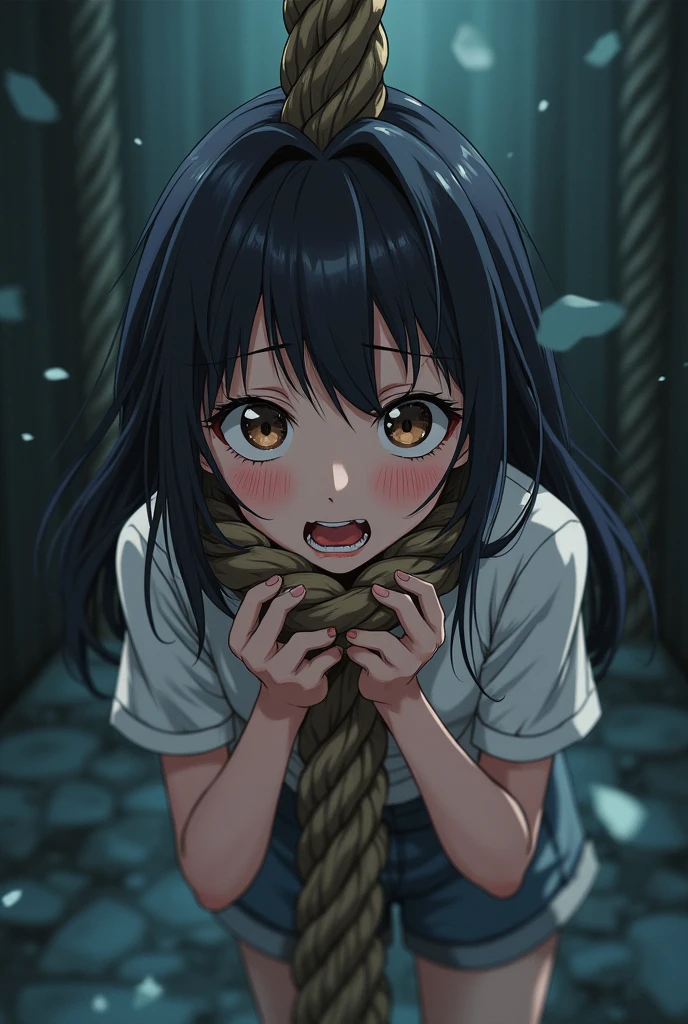 a Japanese girl, anime style being hanged by a rope and struggling to breathe