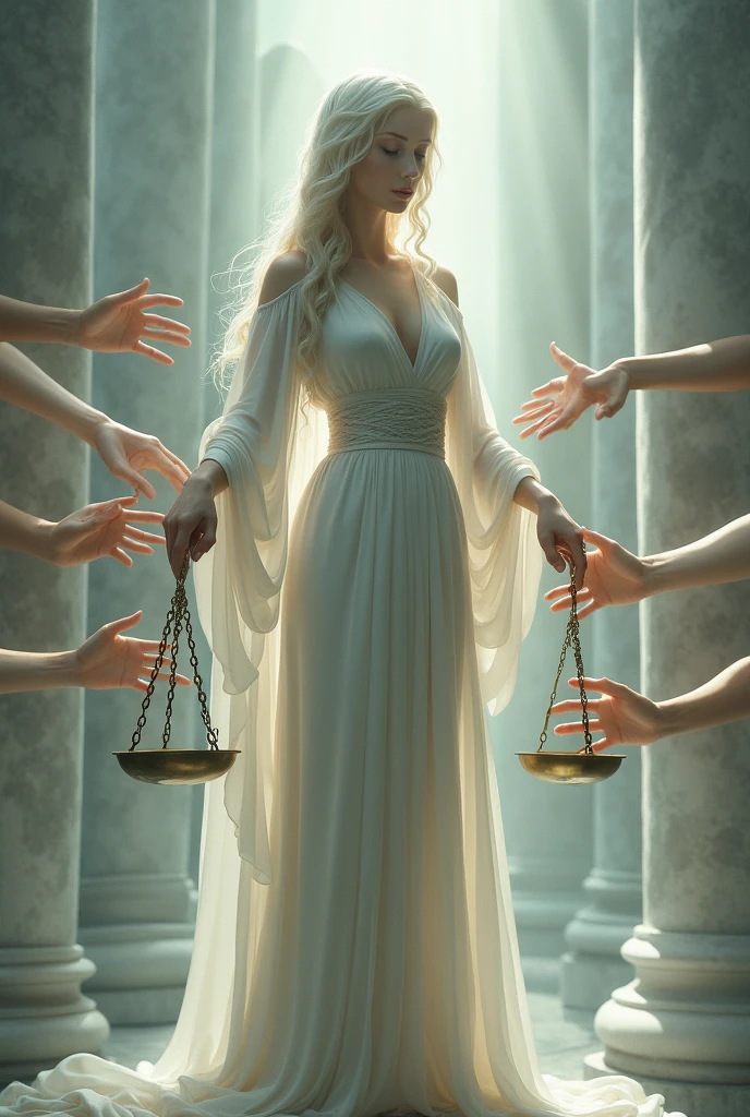 create an image that, for you, could represent injustice, In this image there will be an ethereal woman dressed in white like a Greek goddess and she will be holding a scale with an impartial face , as hands try to pull the scales to their side