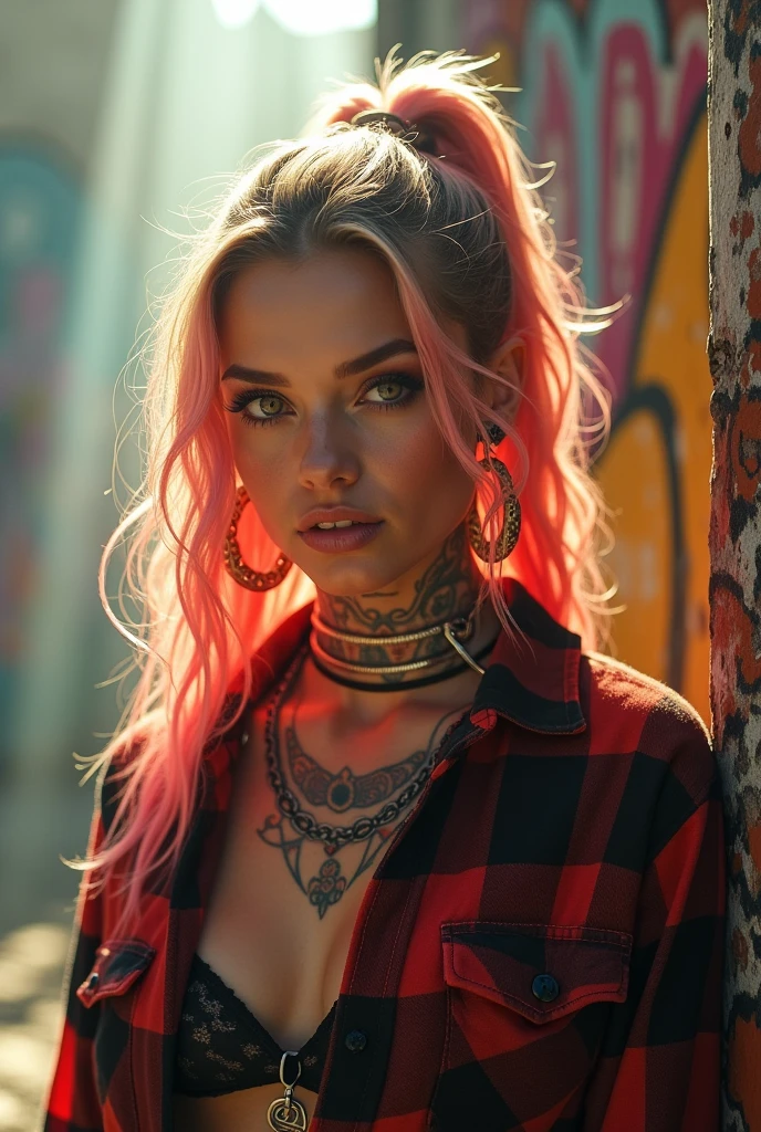 Britney spears look a like , upper body portrait, tattoed street style icon, drenched in rebellious energy, wearing oversized flannel shirt, vibrant graffiti as backdrop, edgy fashion, sense, confident gaze, colorful hair, light beams streaming through haze, intricate details, skin imperfections, halo of light, midday sunlight streaks spilling over face, face details, unbelievable intricate details, dark shadows, real lighting, bloom, volumetric lighting, cinematic lights (ultra skin texture), (symmetrical eyes)