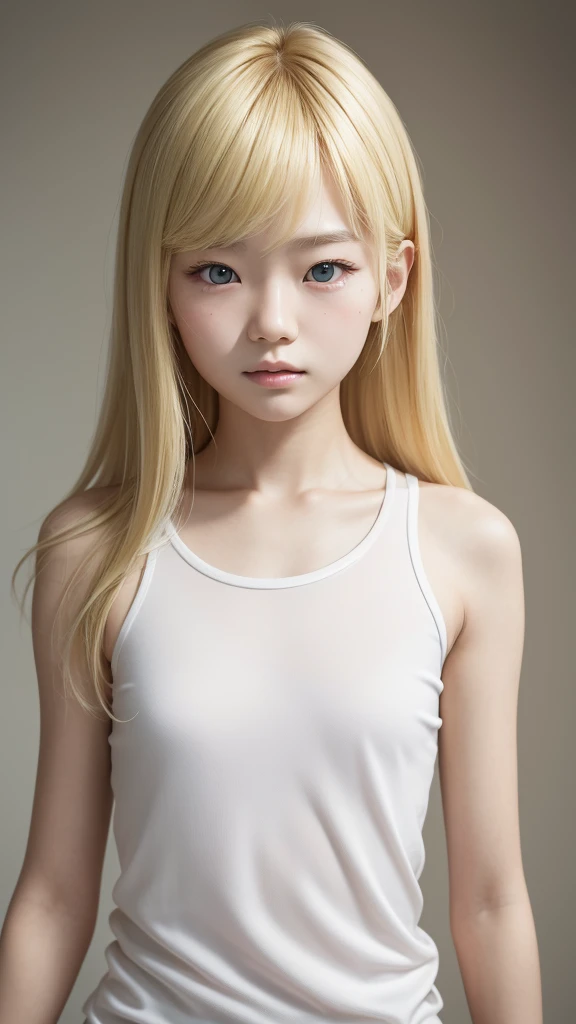 realstic,8kcg,highres,Create a photo of a korean Asian teenager,beautiful girl, ((blonde hair)),,narrow eyes:1.5,slimface,armpits,whitetnaktop,nounderarmhair,littleageface,slimface,petiet,