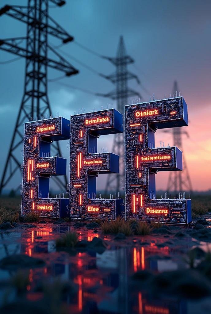 'EEE' word written by electronic circuit, transistors and wirings. And in the background there will be electric poles. And the word EEE will be in capital letters. 'Zunair, Saikat, Saifullah, Fayek, Tasnim, Rudro ' these names will be written on the word EEE.