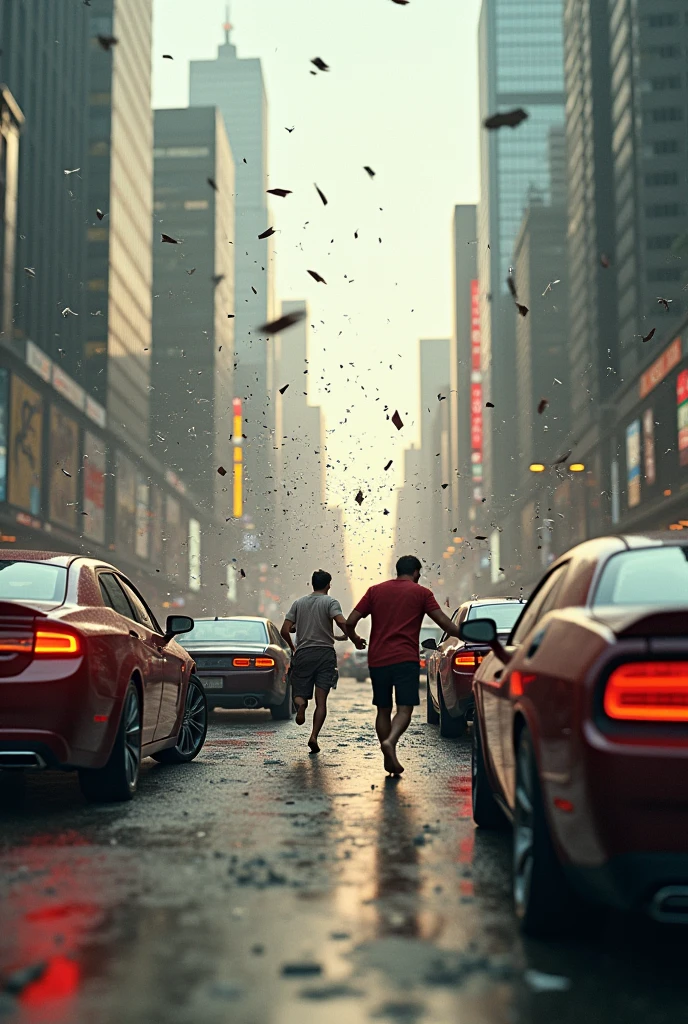 Create chaos in a city with modern cars crashing and men and women running scared everywhere