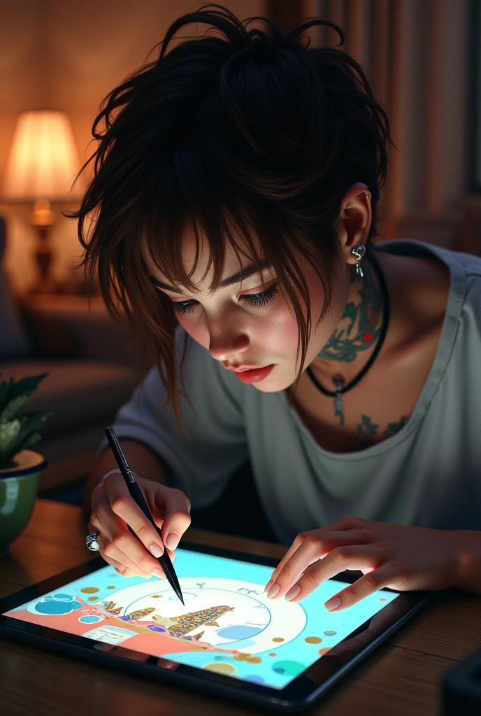 A woman drawing on a tablet The woman has disheveled hair, brown and short, a tattoo on the neck, a nose piercing and another on the cheekbone 