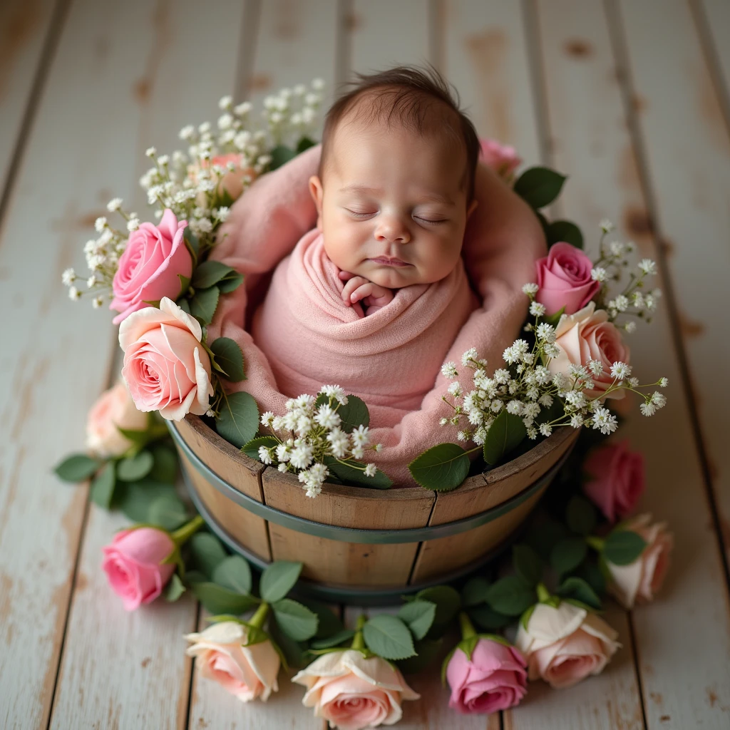 arafed baby in a bucket surrounded by flowers on a wooden floor, wrapped in flowers, wrapped in cables and flowers, wrapped in flowers and wired, covered with flowers, girl in a bed of flowers, covered in flowers, draped in velvet and flowers, bed of flowers on floor, flower child, cozy studio photography, she is in pure bliss, alexa grace