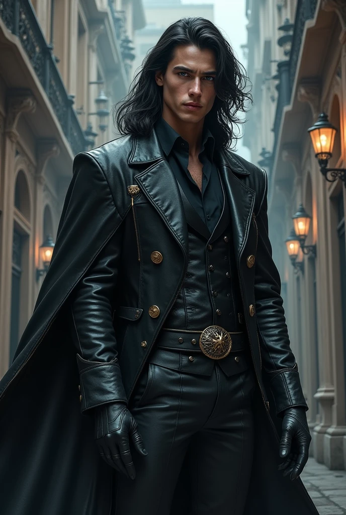 That certainly helps! So your character is a Sorcerer of dark Magic, who lives in a Victorian style world and is 20 years of age. He's a tall, athletic person and has pale grey eyes and long black wavy hair. He also wears a leather suit of some kind. He's extremely hot and eye-catching.
