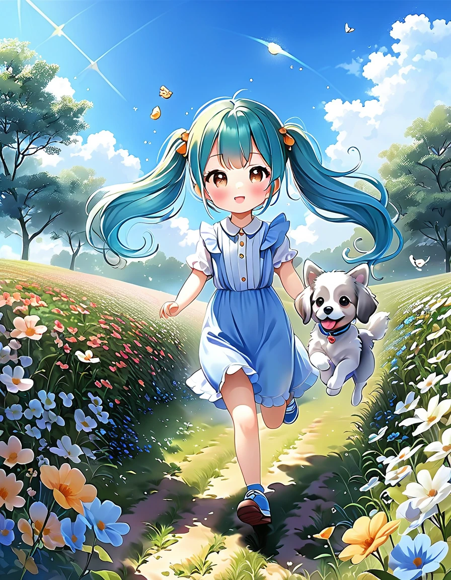 Light blue long hair、Twin tails、Running around the grassland with my cute dog、Memories of summer vacation、Cute digital art, Adorable digital painting, Cute cartoon character, Cute and detailed digital art, Cute cartoon, Cute art style, Cute and adorable, Realistic cute drawings, Nice and cute, Cartoon style cute, Cute Characters, Cute artwork, Digital cartoon painting art, Gweiz-style artwork, With flowers