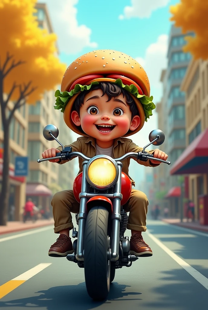 a boy not a HAMBURGER ON A MOTORCYCLE CARTOON HAMBURGER WITH EYE MOUTH 