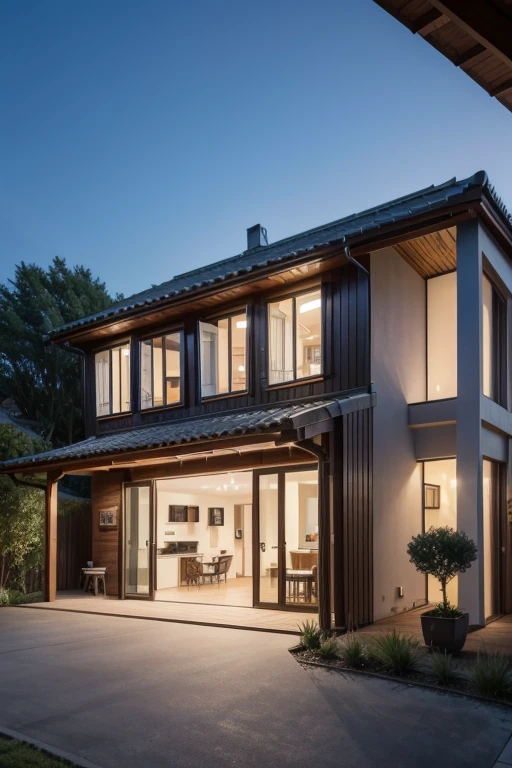 Generate a rendered image of a 150m² single-story house in HD. House with ceiling, good cost-benefit, realistic image. Show: Gourmet area with barbecue. General image of the house with many details.