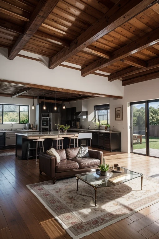 Generate a rendered image of a 150m² single-story house in HD. House with ceiling, good cost-benefit, realistic image. Show: Gourmet area with barbecue. General image of the house with many details.