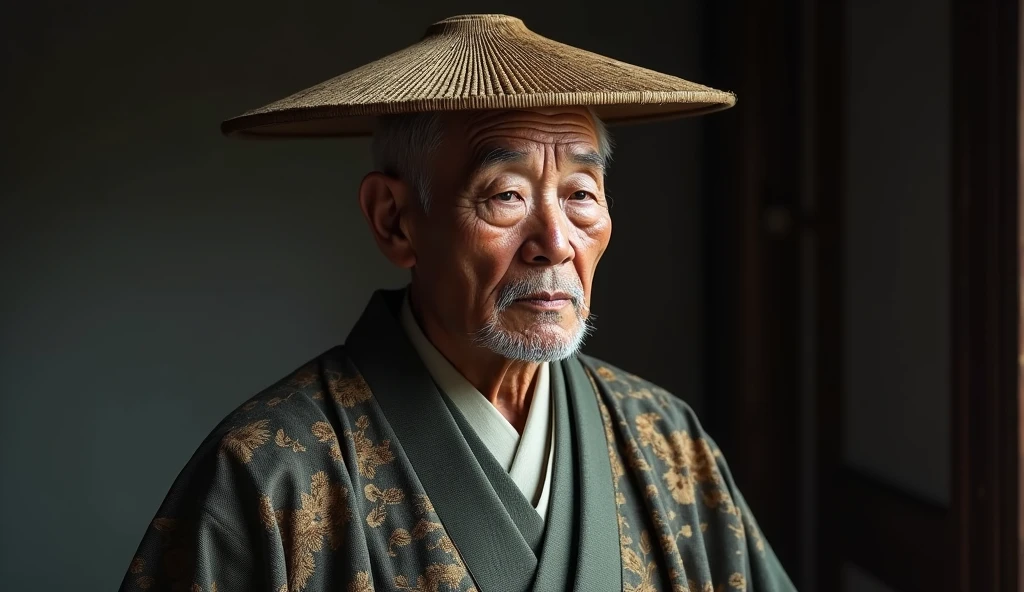 Photorealistic、Ultra HD、Male Japanese man wearing kimono、He's wearing an old square hat.、elder、No beard、Shaved head