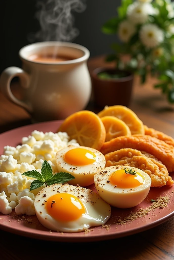 A breakfast containing boiled eggs, fried yuca, cheese and milk tea.