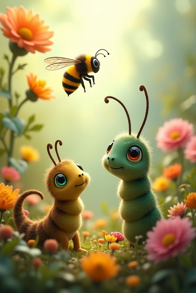 Catterpilar is talking to the Bee, who is buzzing around flowers. bee looks thoughtful, and catterpillar looks curious.