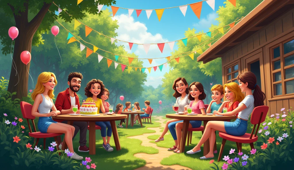 Outdoor in a garden, Birthday celebration, party mode.