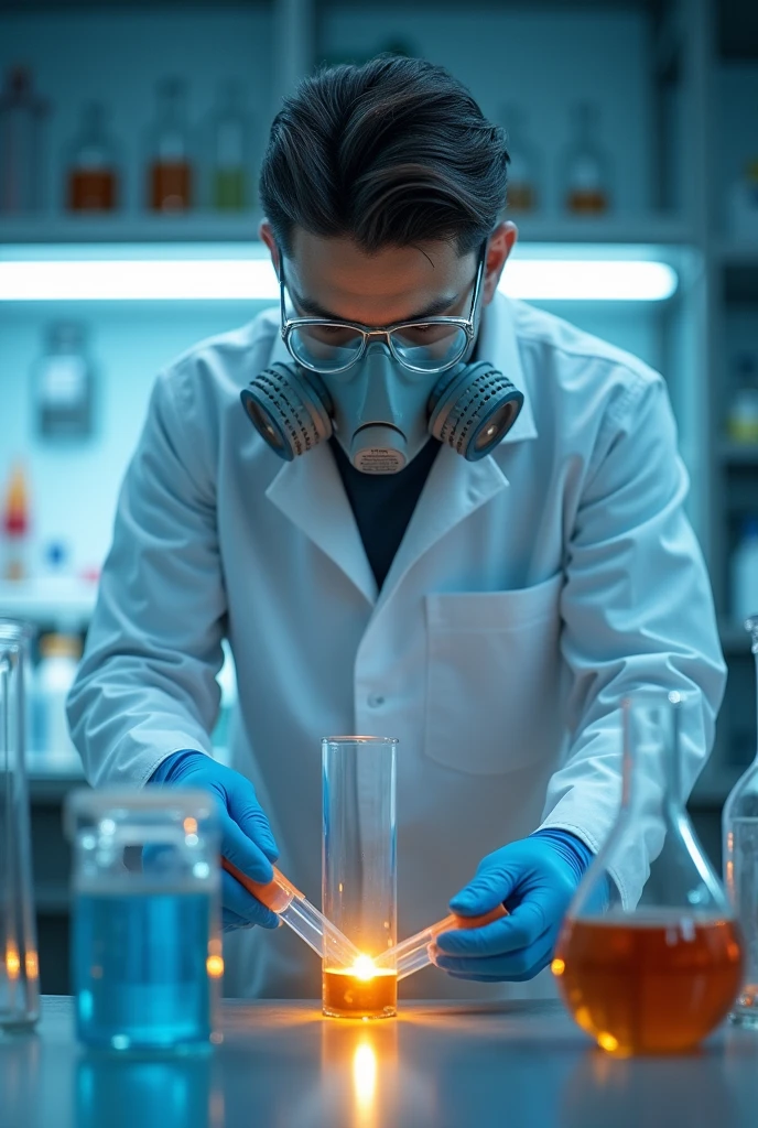 generates the image of a chemical laboratory where a chemical analyst is performing acid digestion in a test tube and in the background you can see the vapor extraction hood, The analyst must wear a white coat and a mask with steam filters., The analyst must be located in the middle