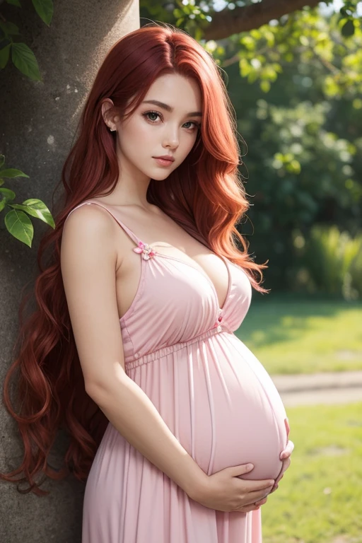 beautiful pregnant woman, (long slightly wavy red hair 1.2), beautiful face, pink summer dress, pink butterfly hair clip, slim waist,  