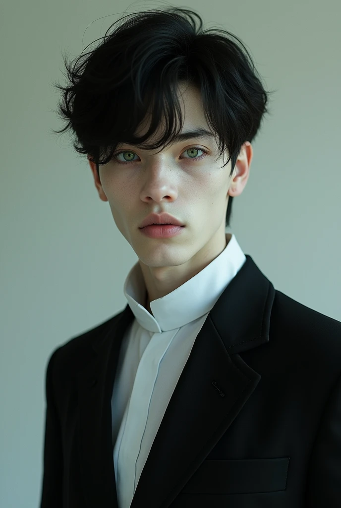 a young man with black hair, Dark green eyes and white, hairless skin in a black suit but with his priest collar