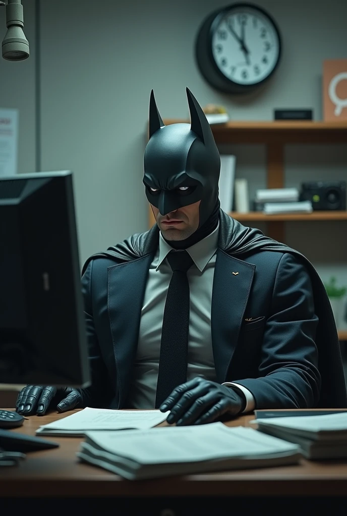 Batman working in an office with tie, a computer on the desk and a pile of papers