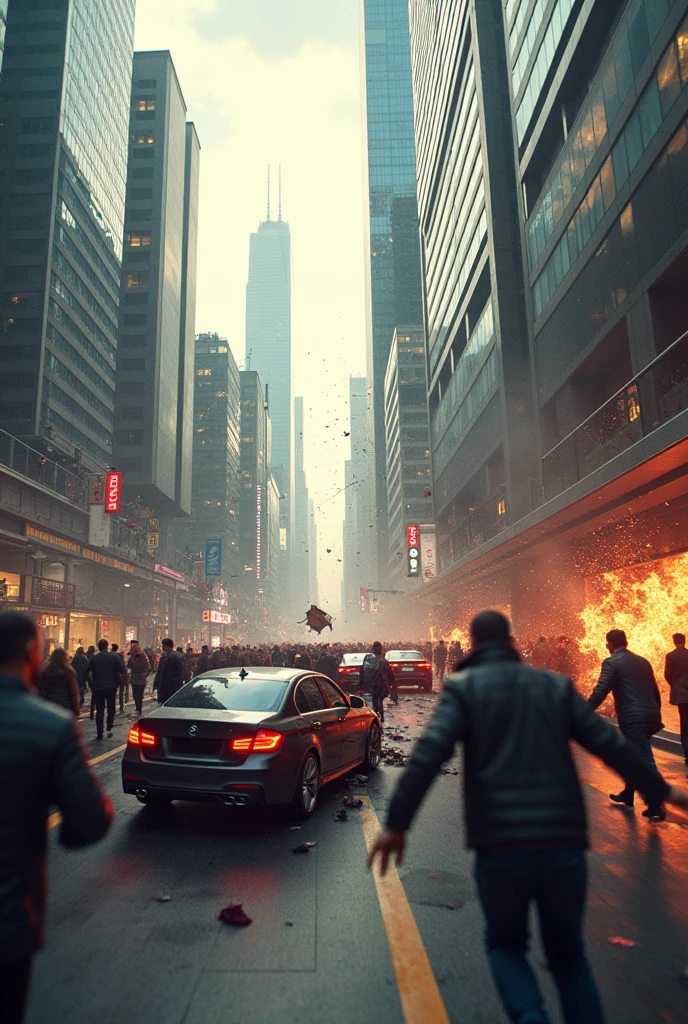 Create a lot of chaos in a city with modern cars crashing and men and women running scared everywhere
