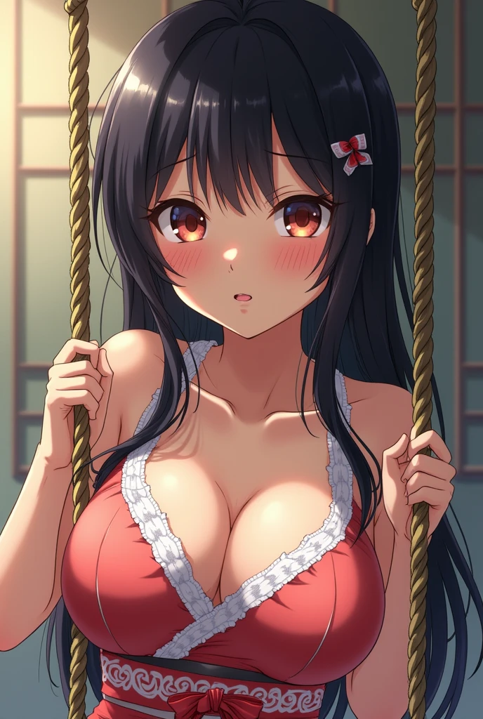 a Japanese girl, anime style with huge breasts being hung by a rope and struggling to breathe