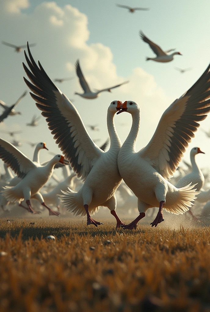 Create an image where many geese fight in a war