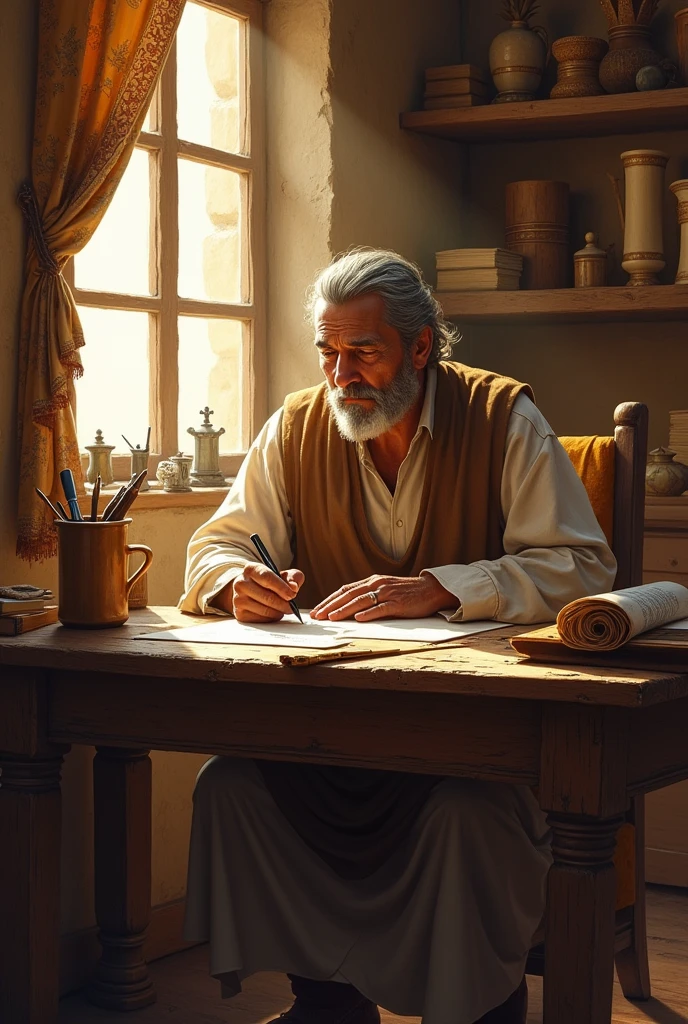 Biblical character Joseph as an adult working from home