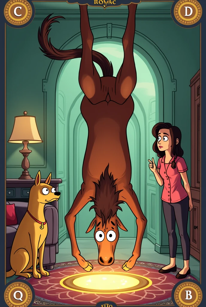 We see Bojack Horseman hanging by one leg. Just like in the tarot card. Mr. Peanutbutter looks at him and Diane looks at him too.. The same image as the tarot card is imitated, but made in the universe of the animated series Bojack Horseman