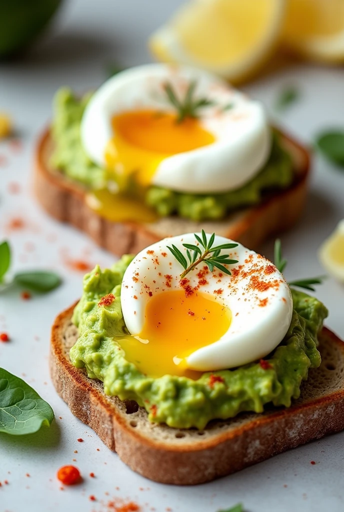 Create an image of this recipe:Avocado Toasts with Poached Egg Ingredients:
- Pan integral: 2 slices (ca.. 60 g)
- Avocado: 100 g - Eggs: 2 units - Lemon: 1 unit - Salt: 5 g - Pepper: 2 g - Ground red pepper (Optional): 1 g Preparation:
1. Toast the slices of whole wheat bread until crispy.
2. Mash the avocado and mix it with lemon juice, salt and pepper.
3. Spread the avocado on the toast.
4. To make the poached eggs, Bring water to a boil in a pot and reduce heat to low. Carefully crack the eggs into the pot and cook for 3-4 minutes..
5. Place a poached egg on each avocado toast.
6. Sprinkle with ground red pepper if desired and serve immediately..