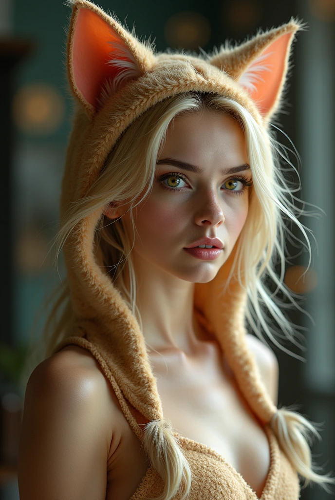 a woman with long hair, blonde, honey eyes, wearing a kitten costume full body 4K ultra realistic